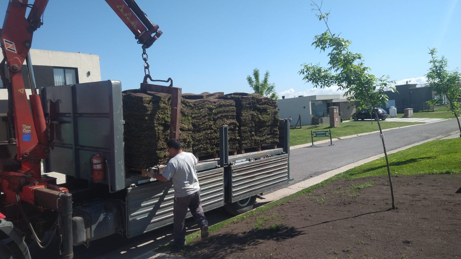 Camión con grúa descargando pallets de grama en rollo